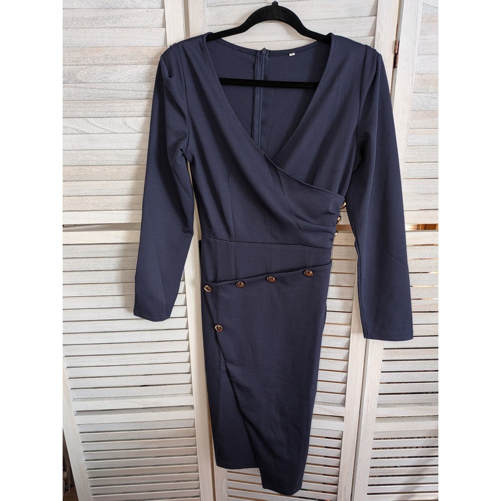 Navy Blue Faux Wrap Sheath Dress Gold Button Detail V-Neck Long Sleeve small